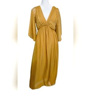 KING KONG Silk Blend Sheen Maxi Boho Flowy Sleeve Dress. Mustard. Size Medium